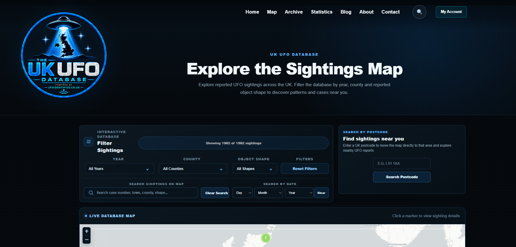 Search UK UFO sightings by postcode